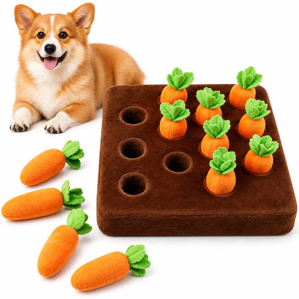 Carrot Dog Toys, Carrot Snuffle Mat for Dogs Interactive Dog Plush Puzzle Toys 2 in 1 Fun Nosework Feed Games Pet Stress Relief and Brain Training Foraging Skill with 12 Carrots (Orange)