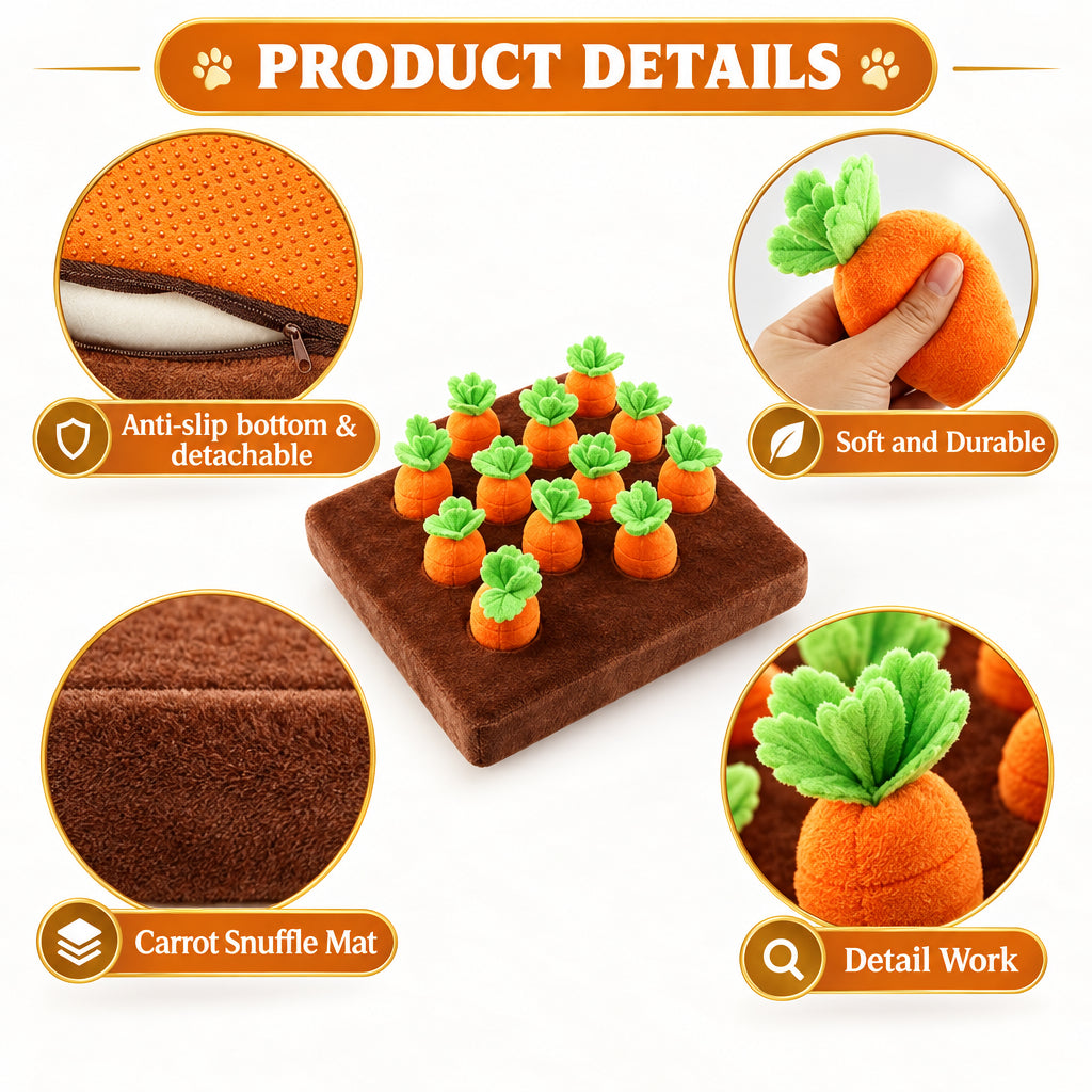 Carrot Dog Toys, Carrot Snuffle Mat for Dogs Interactive Dog Plush Puzzle Toys 2 in 1 Fun Nosework Feed Games Pet Stress Relief and Brain Training Foraging Skill with 12 Carrots (Orange)
