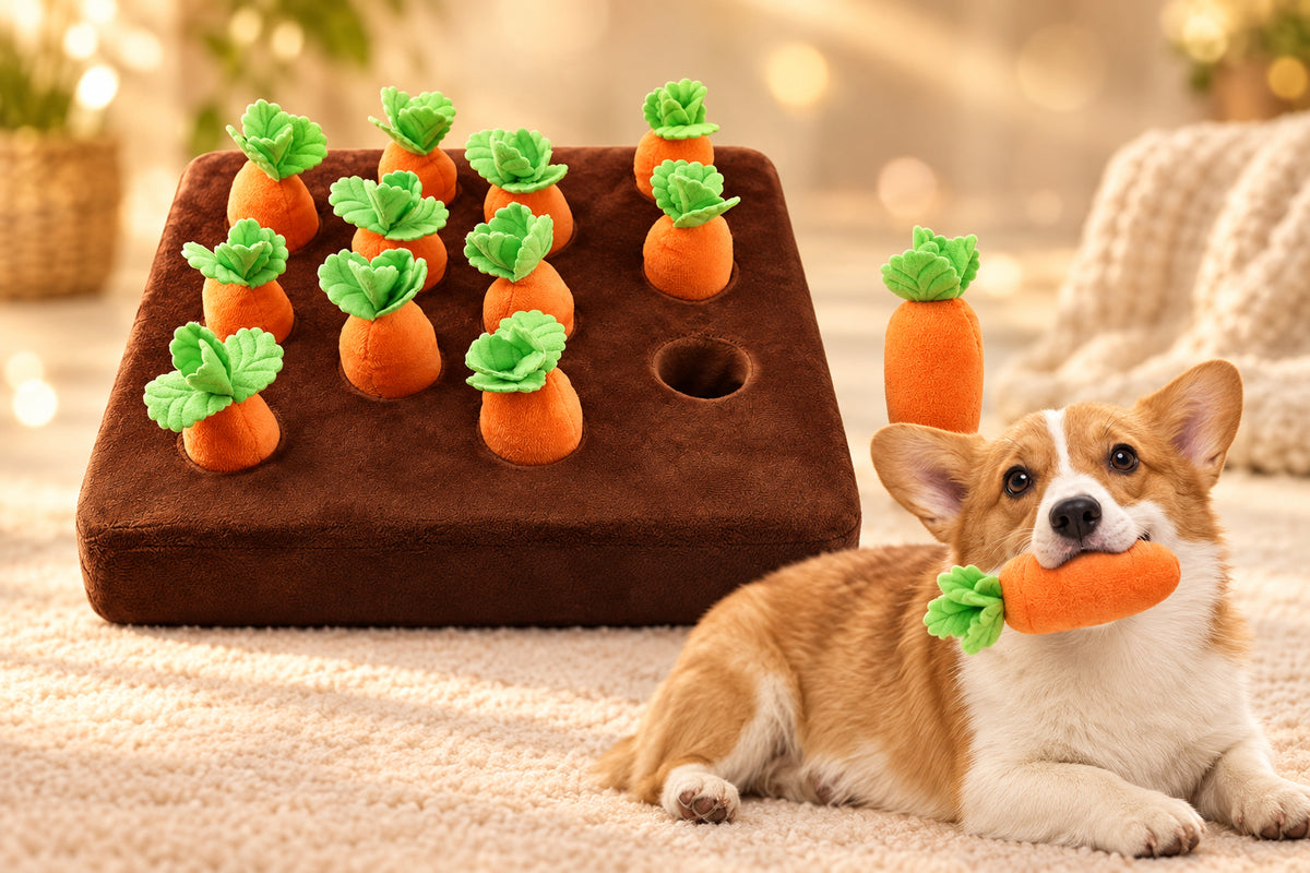 Carrot Dog Toys, Carrot Snuffle Mat for Dogs Interactive Dog Plush Puzzle Toys 2 in 1 Fun Nosework Feed Games Pet Stress Relief and Brain Training Foraging Skill with 12 Carrots (Orange)