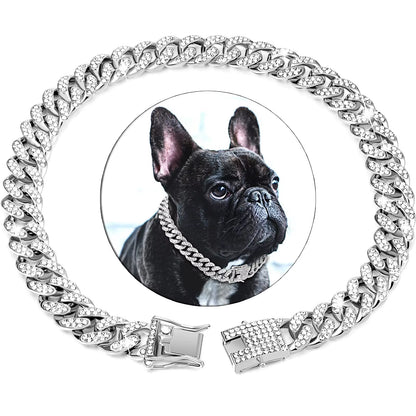 Pet Dog Collar Cat Cuban Chain Diamond Walking Metal Chain Collar with Design Secure Buckle Jewelry Accessories Cuban Collar