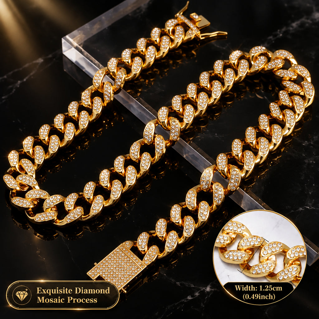 Pet Dog Collar Cat Cuban Chain Diamond Walking Metal Chain Collar with Design Secure Buckle Jewelry Accessories Cuban Collar