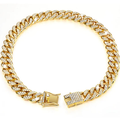 Pet Dog Collar Cat Cuban Chain Diamond Walking Metal Chain Collar with Design Secure Buckle Jewelry Accessories Cuban Collar